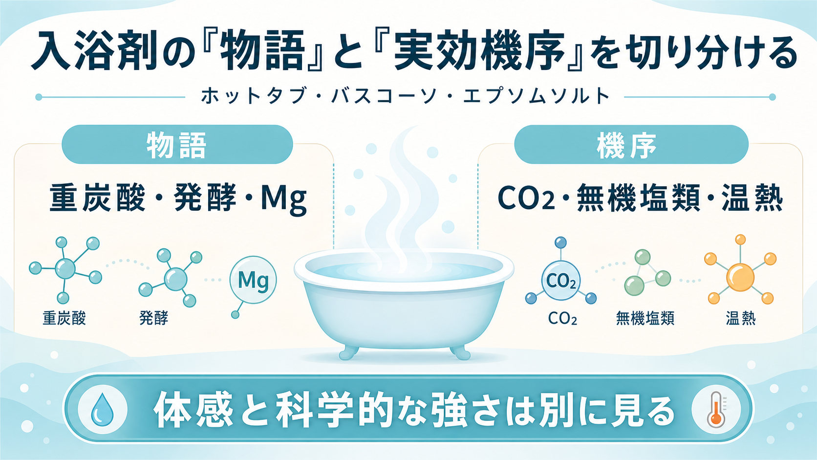 入浴剤の「物語」と「実効機序」を切り分ける:ホットタブ・バスコーソ・エプソムソルトのGPT生成本文インフォグラフィック