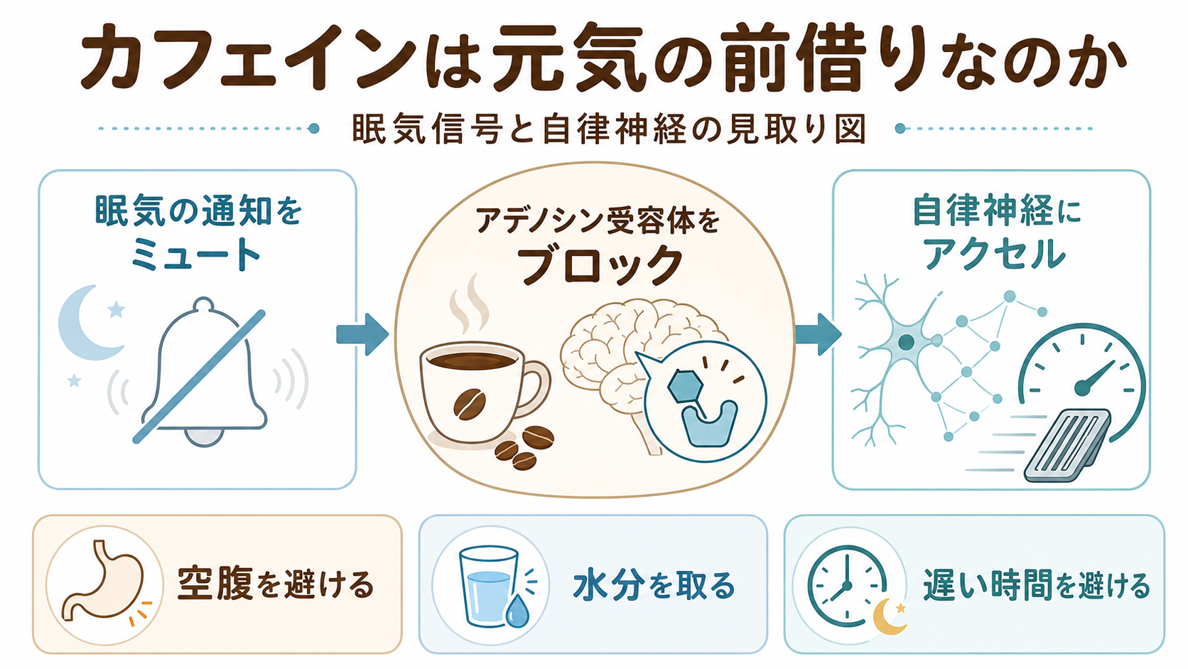 カフェインは元気の前借りなのか:眠気信号と自律神経の見取り図のGPT生成本文インフォグラフィック