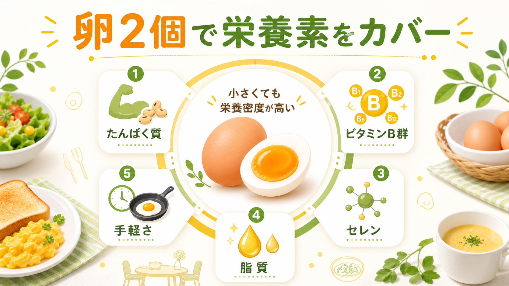 お手軽栄養食:卵2個で、1日に必要な栄養素の多くをカバーできるのGPT生成本文インフォグラフィック