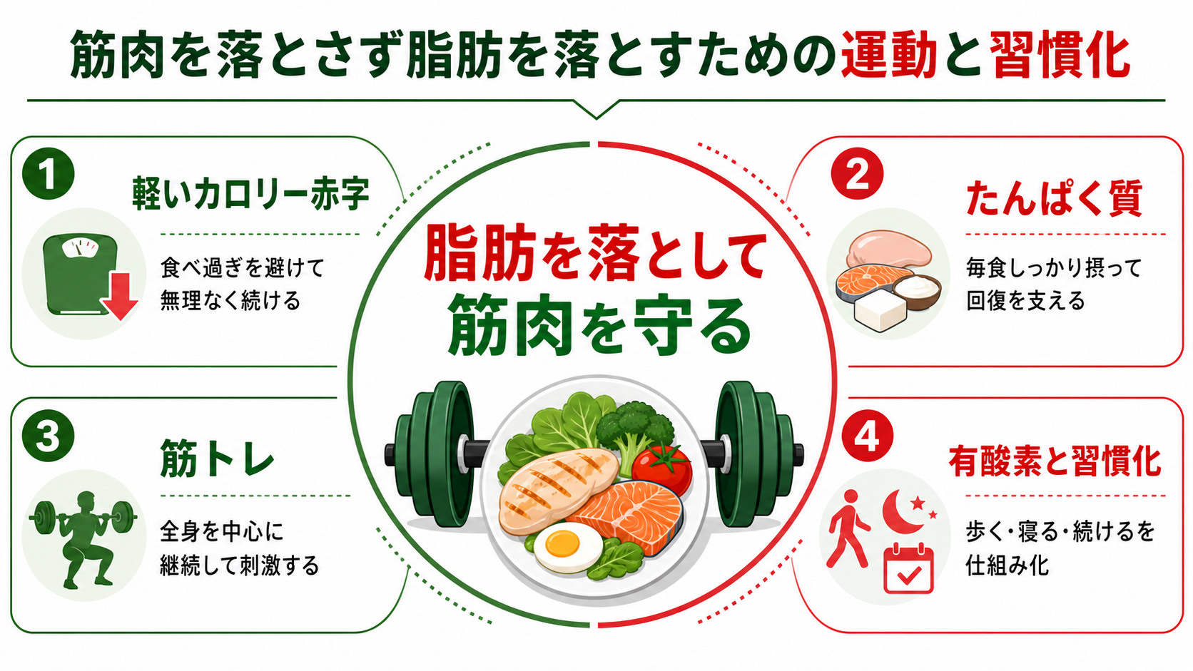 筋肉を落とさず脂肪を落とすための運動と習慣化のGPT生成本文インフォグラフィック