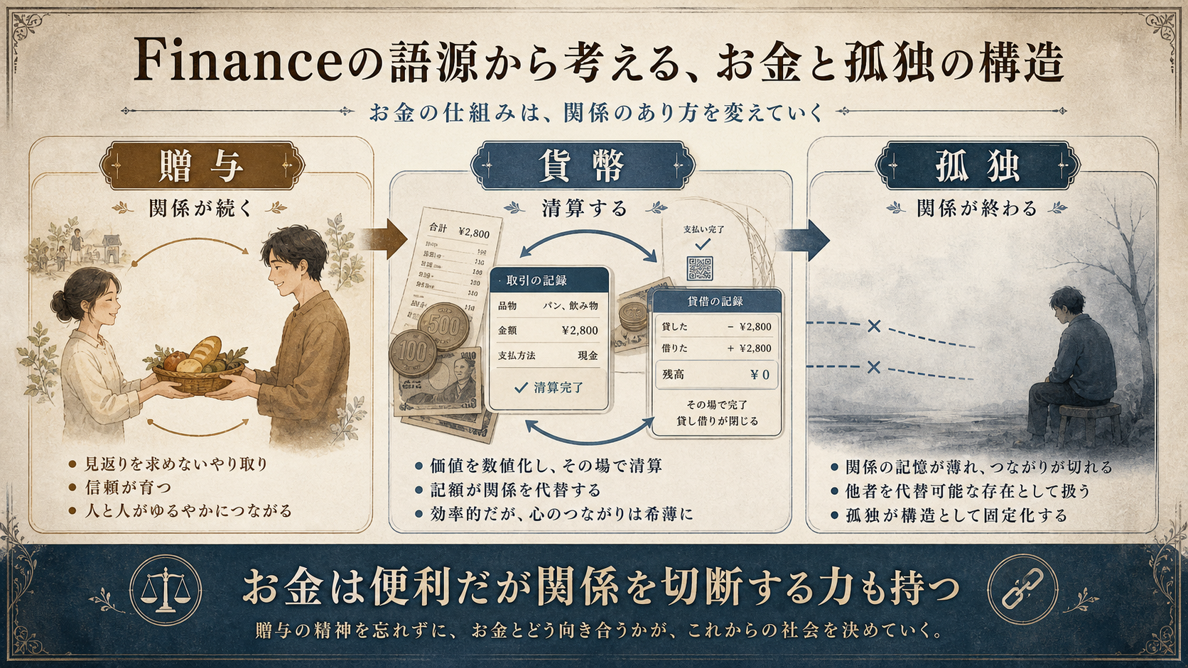 Financeの語源から考える、お金と孤独の構造のGPT生成本文インフォグラフィック