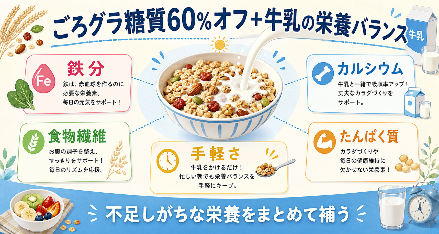 お手軽栄養食:ごろグラ糖質60%オフ+牛乳で、多くの栄養素は摂取できるのGPT生成本文インフォグラフィック
