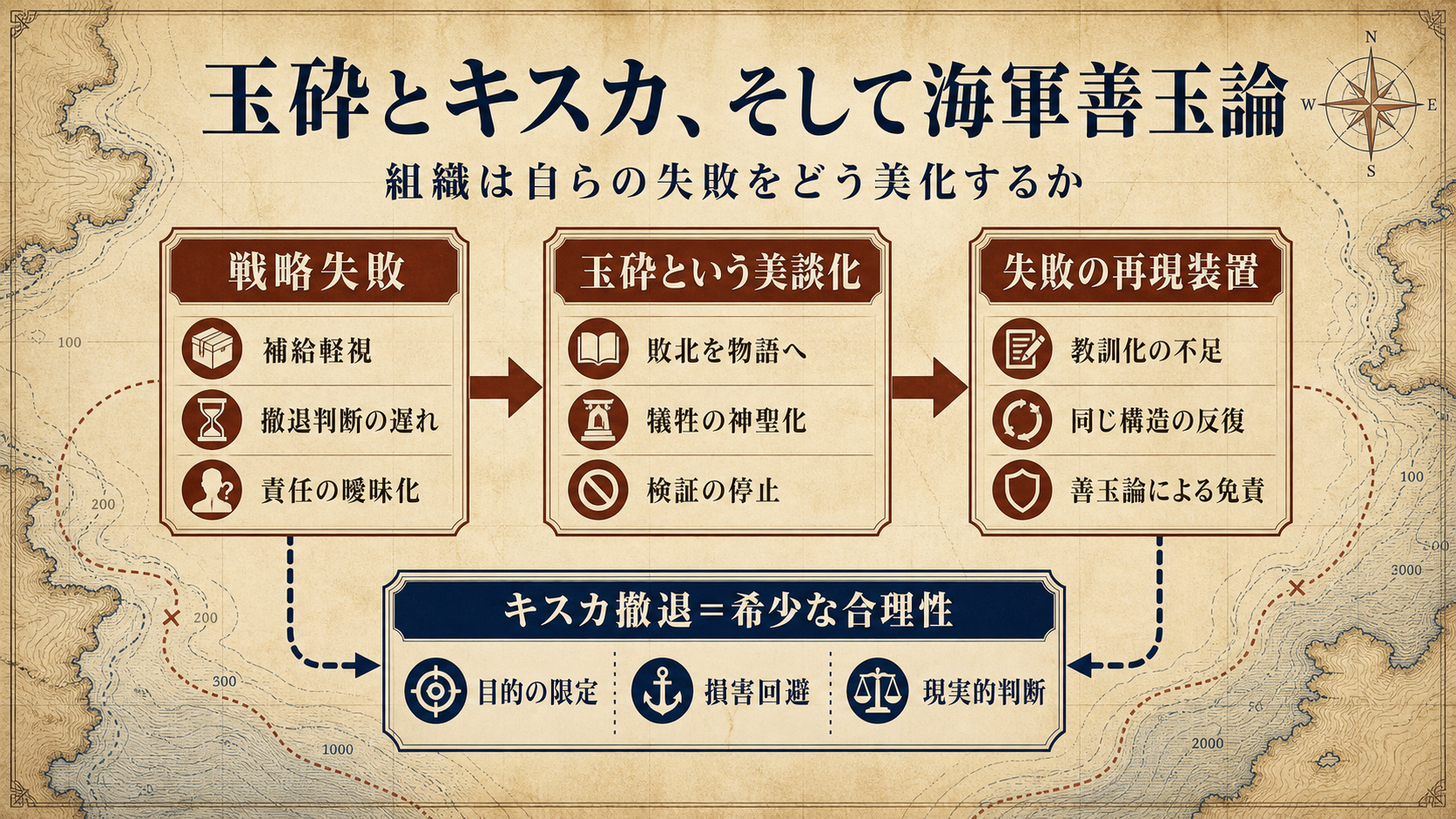 玉砕とキスカ、そして海軍善玉論:組織は自らの失敗をどう美化するかのGPT生成本文インフォグラフィック