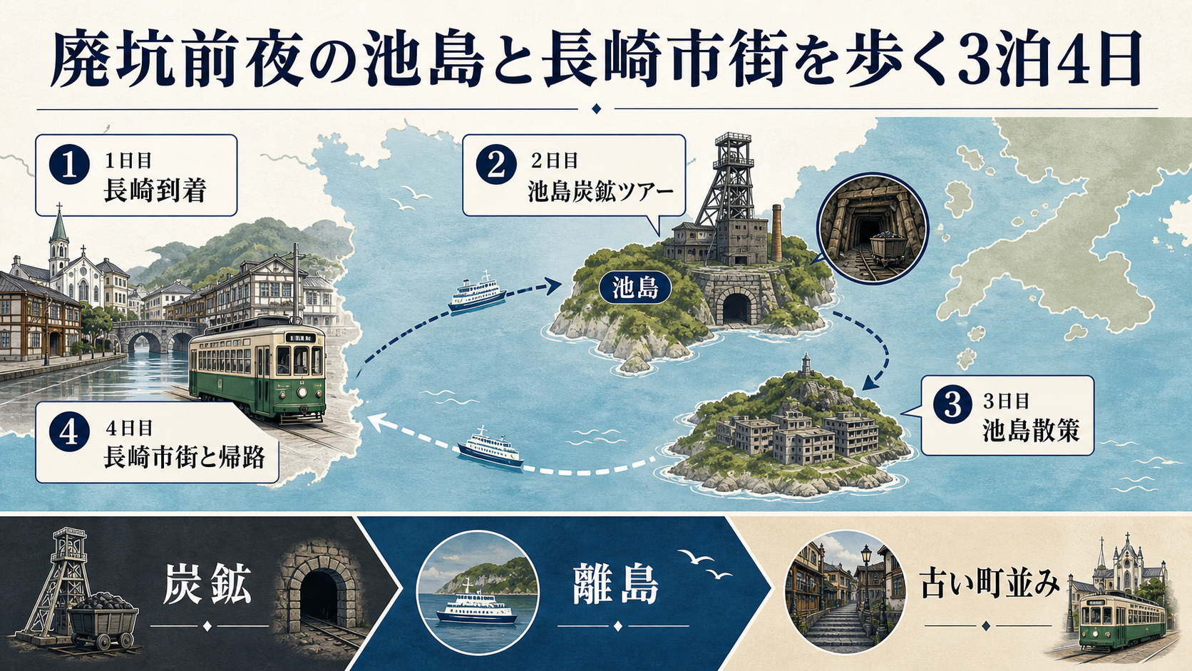 廃坑前夜の池島と長崎市街を歩く3泊4日のGPT生成本文インフォグラフィック