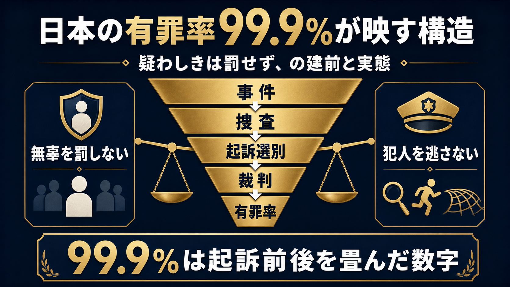 日本の有罪率99.9%が映す構造:疑わしきは罰せず、の建前と実態のGPT生成本文インフォグラフィック