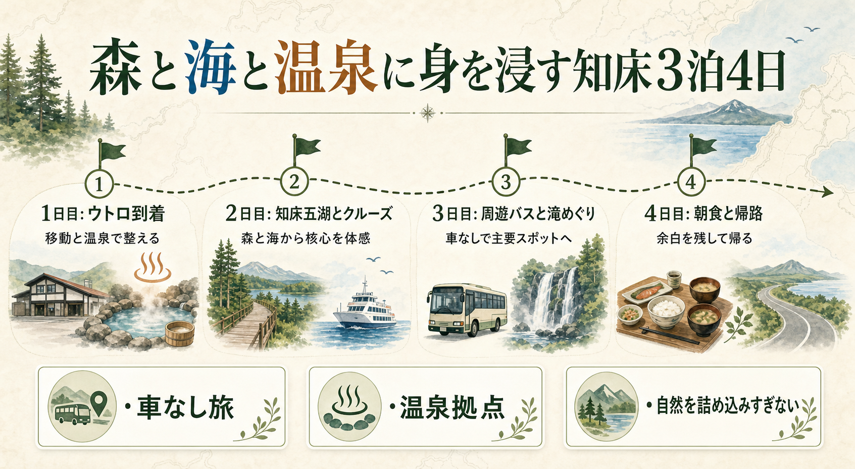 森と海と温泉に身を浸す知床3泊4日のGPT生成本文インフォグラフィック