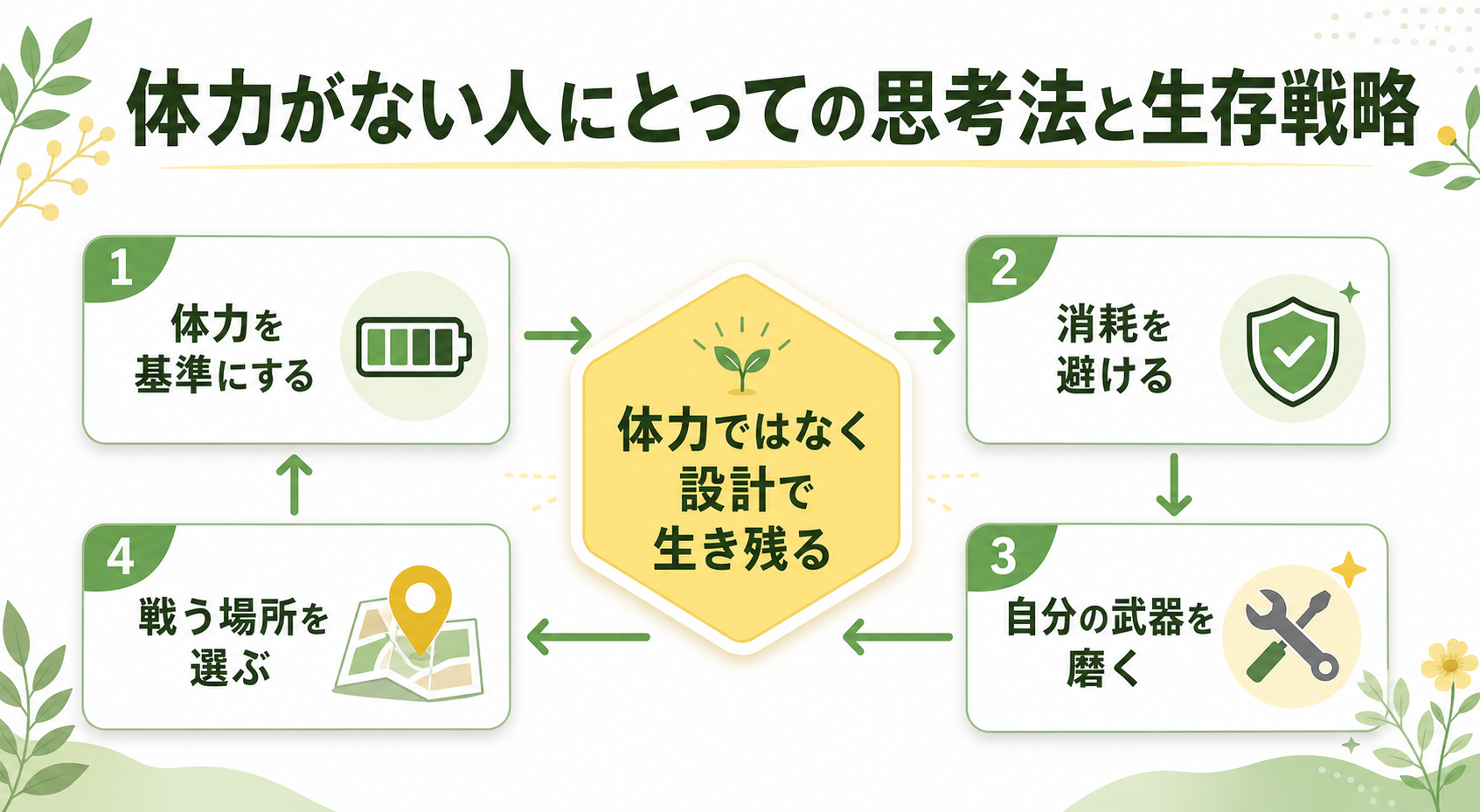 体力がない人にとっての思考法と生存戦略のGPT生成本文インフォグラフィック