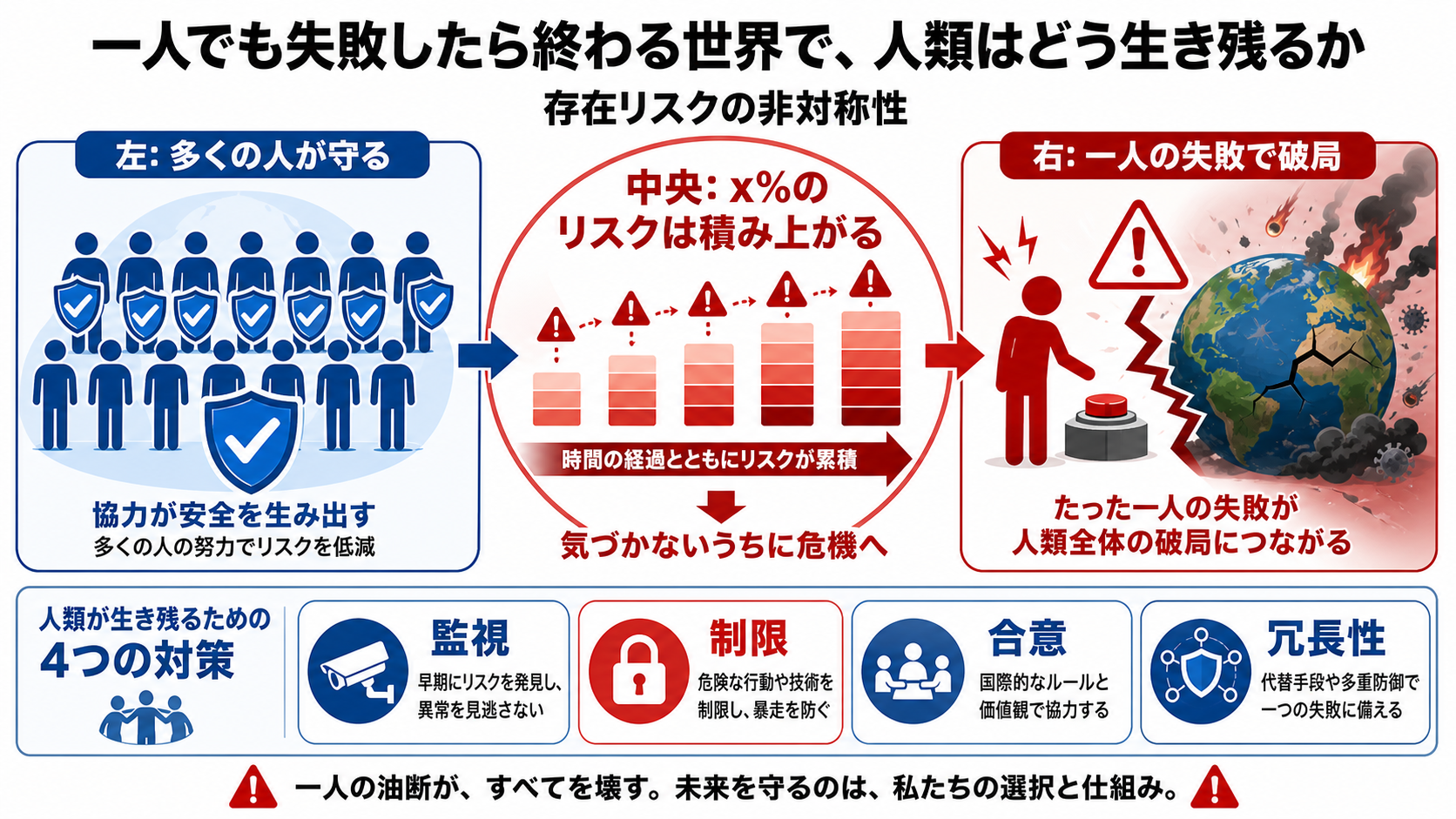 一人でも失敗したら終わる世界で、人類はどう生き残るかのGPT生成本文インフォグラフィック